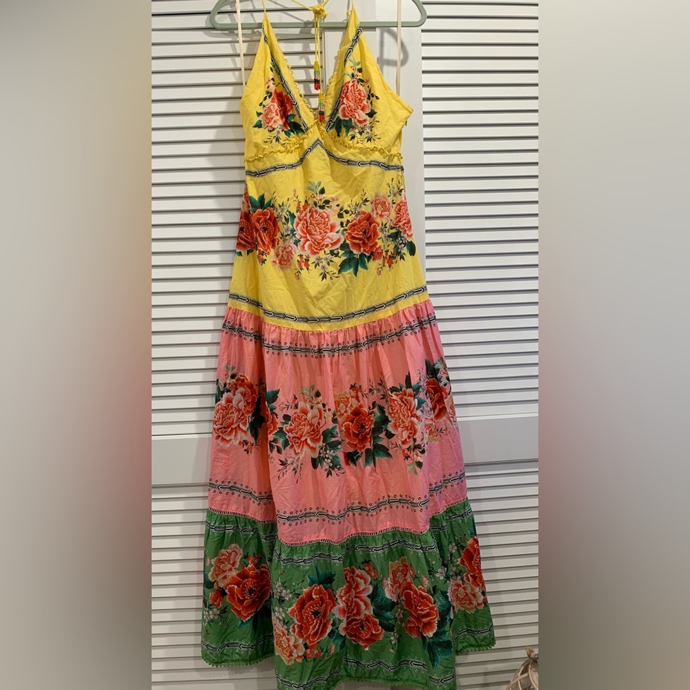 EUC Farm Rio Marisol halter top maximalist flower maxi dress boho tassels Large - Picture 4 of 14